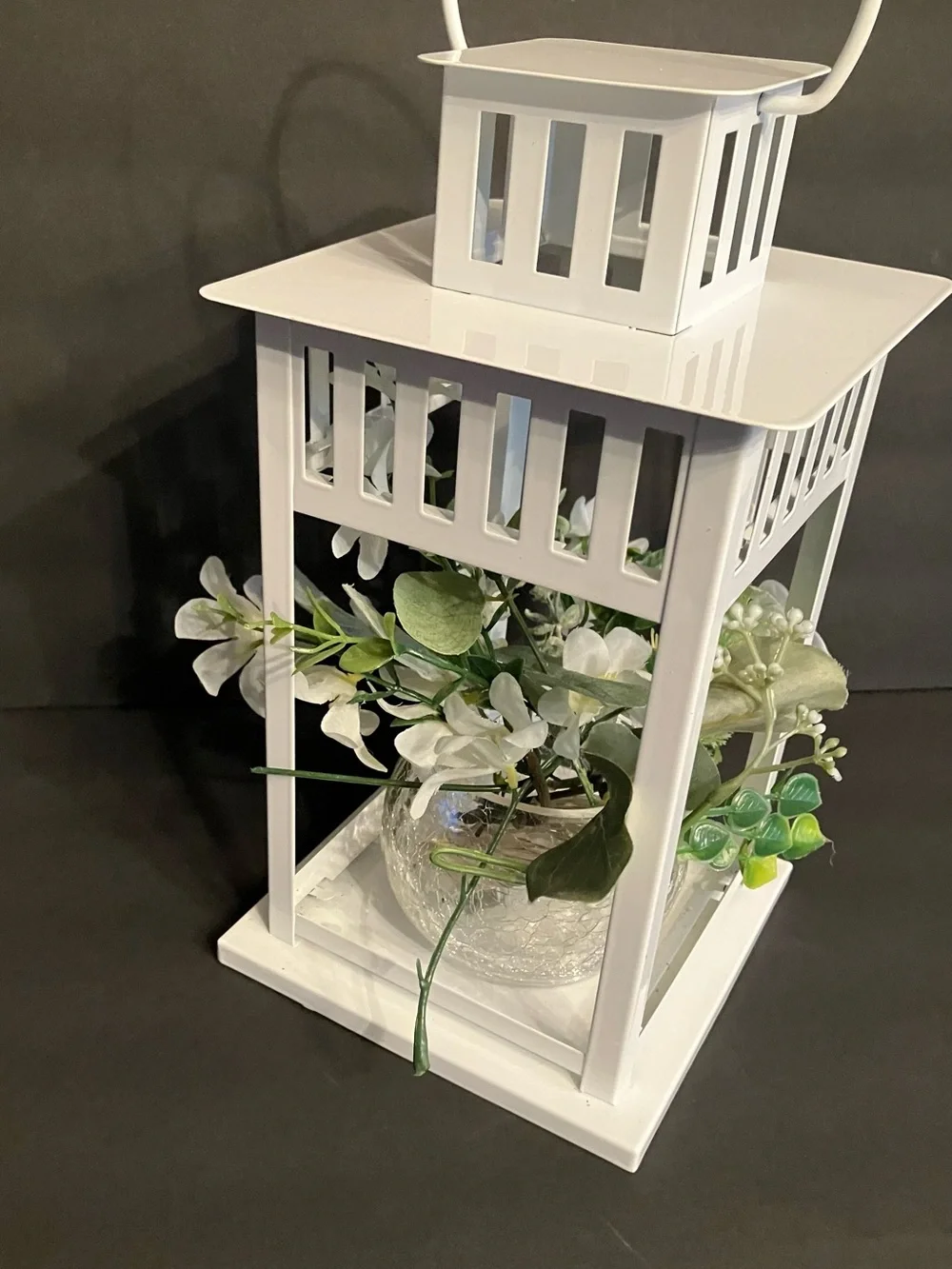 White Decorative Lantern with Faux Floral Arrangement